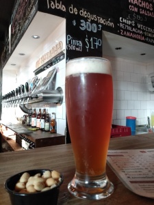 A pint of craft ale in a small bar with taps in background, Mercado Agricola, Montevideo