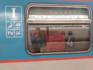 Signage on train carriage from St Petersburg to Moscow on a Russian train