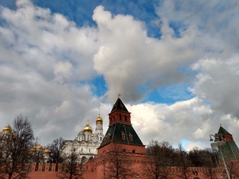 Moscow Kremlin walls and view of church spires inside
