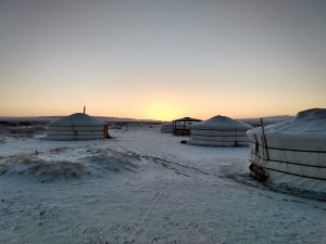 Sunrise over Khongoryn Els ger camp in Mongolia